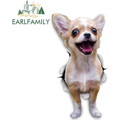 EARLFAMILY 13cm x 7cm 3D Dog Car Stickers Excited Chihuahua Stickers for Wall Fridge Toilet Chihuahua Dog Ripped Torn Decal