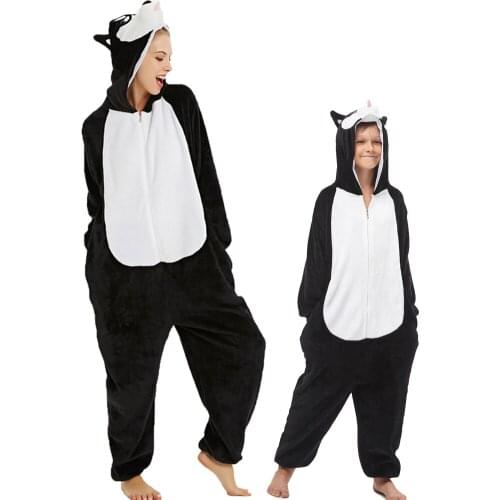 Flannel Animal Children Pajamas Sets Winter Hooded Animal Black Husky Cartoon Kids Pajamas For Boys Girls Sleepwear Onesies