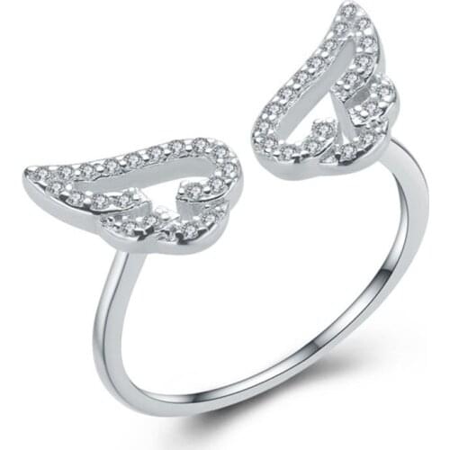 Women Rings Fashion Resizable CZ Crystal Rings Female 925 Sterling Silver Double Wings Finger Ring Valentine Romantic Gift