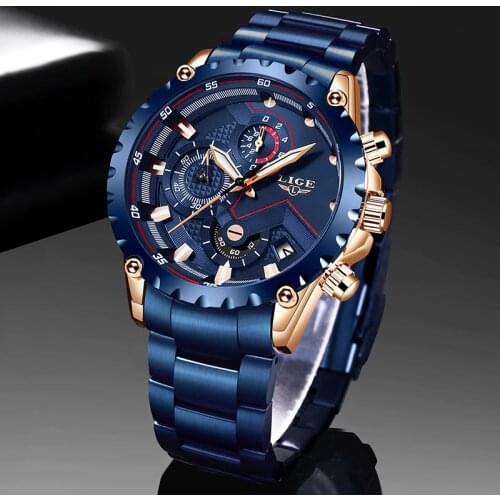 New 2020 LIGE Fashion Blue Stainless Steel Mens Watches Top Brand Luxury Waterproof Quartz Watch Men Date Dial Sport Chronograph