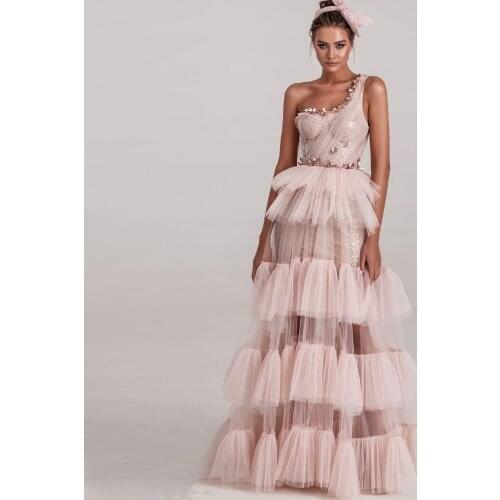 Sweet Blush Pink See Thru A-line Women Dresses To Birthday Event Party One Shoulder Crystal Ruffles Long Prom Gowns