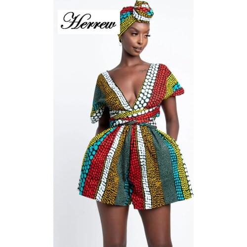 Fashion Women African Clothes Dashiki Summer DIY Lace Up Jumpsuit Short Pants Wide Leg African Dresses Ladies Plus Size Clothing