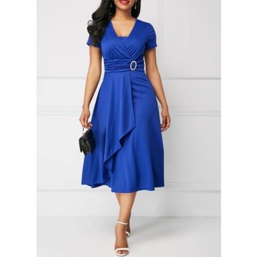 Sakazy Sexy V-neck Dress Summer Solid Casual Short Sleeve 2021 Fashion Elegant Women High Waist Plain Asymmetric Midi Dress