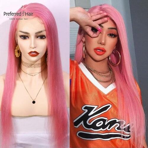 Preferred Pink Yellow Pre Plucked Human Human Hair Wigs Purple Grey Straight Lace Front Wig Remy Transparent Lace Wigs For Women