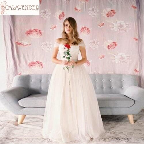 Simple Tulle Country Wedding Dresses A-Line with Sleeves Off-shoulder vestido de fiesta de boda Lace Up Back Wedding Gowns