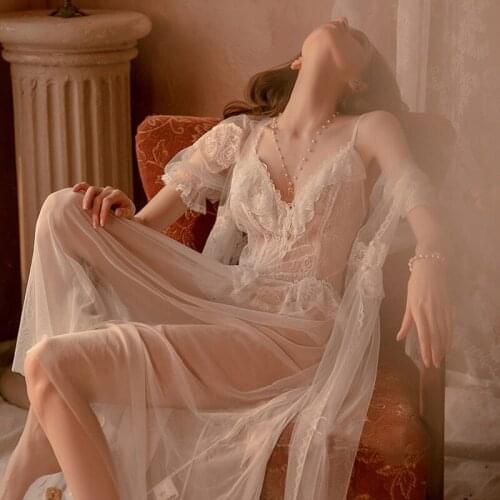 SR350 V Neck Sexy Robes Set Transparent Net Yarn Palace Style Long Nightgown See-through Bride Nightwear Robe Lace Sleepwear