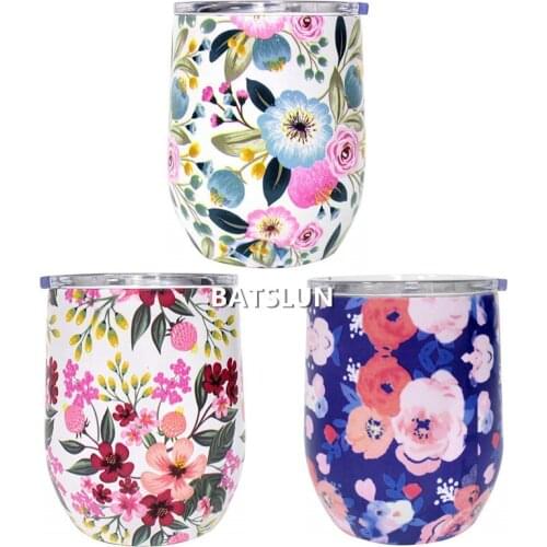 12oz Wine Tumbler Floral Wine Glass Egg Cups Double Wall Stainless Steel Vacuum Insulated Beer Coffee Cups With Seal Lids