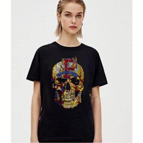 Rhinestones design Skull girls top tees Fashion Streetwear O Neck Short Sleeve women Tshirt hot sale Cotton Plus Size 3XL