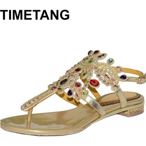 TIMETANG Women 2021Summer New Rhinestone Flowers Flat Heel Sandals Rome Style Fashion Beading Big Size Small 33 42 43Sexy Sandal