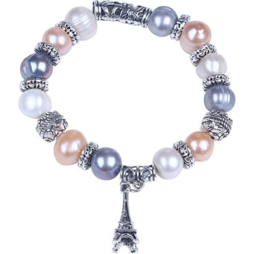 Created charm pearl bracelet pearl bead bracelet heart owl tortoise starfish butterfly elephant Eiffel Tower charms