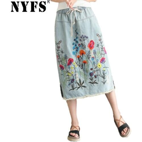 NYFS 2021 New Summer Vintage Woman Long Denim skirt embroidered long skirts vintage jeans Hem Split pencil skirts
