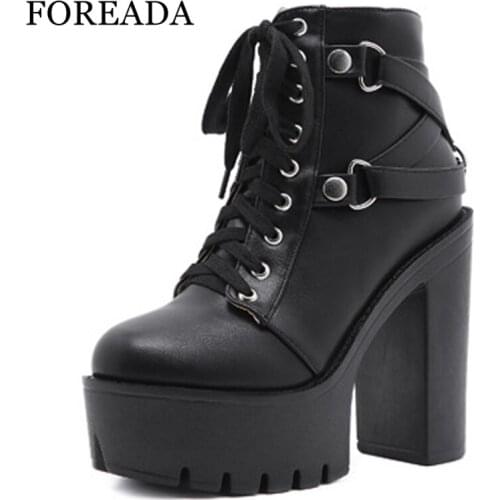 FOREADA Woman Shoes Ankle Boots Autumn Platform Thick Heel Boots Super High Heel Round Toe Zipper Ladies Short Boots 42 Fashion