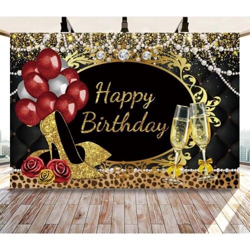 Womans Birthday Backdrop Black Gold High Heels Champagne Adult Happy Birthday Banner Photo Background Red Rose Balloons