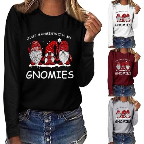 Women Long Sleeve Valentine Day GNOMIES Ladies Sweatshirt Lovely Cartoon Mans Splicing Printing Solid Color All-match T-shirt