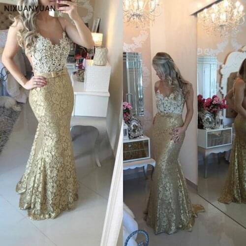 2021 Gold Lace Cheap Long Prom Dresses for Women Mermaid Prom Dress Robe De Mariage Formal Party Gown Vestido De Festa