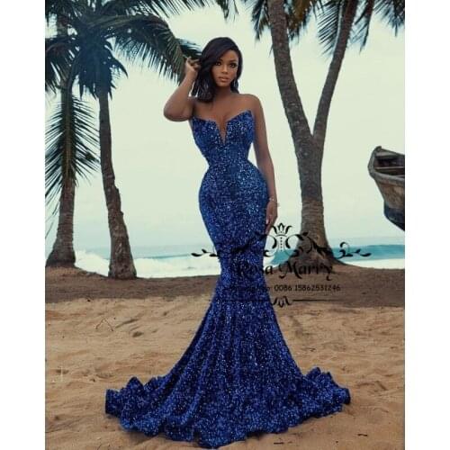 Roya Blue Sequined Mermaid Evening Dresses 2021 Corset Plus Size Formal Celebrity Pageant Prom Party Gowns For Women