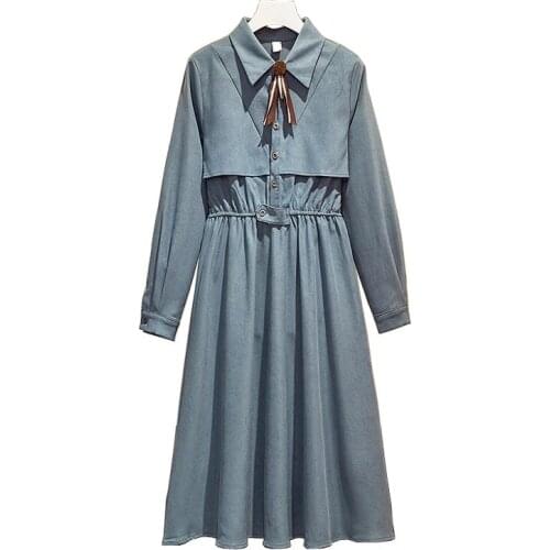 PERHAPS U Woman Elegant Blue Pink Corduroy Turn Down Collar Long Sleeve Knee Length Dress A-line Solid Chic Vintage D2104