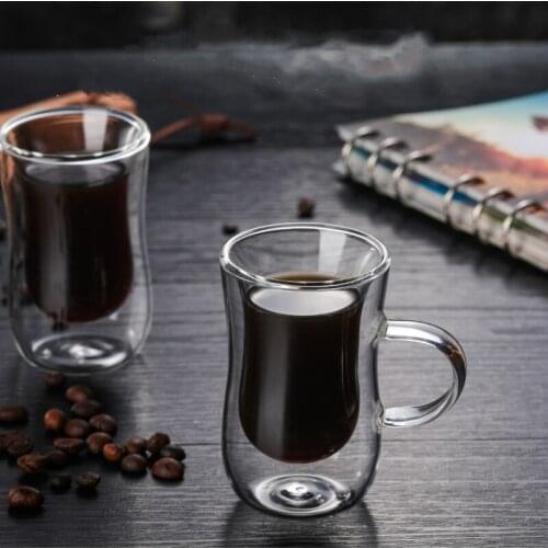 1/2/4/6/8PCS 80ml Double-layer Glass Coffee Cup European-style Coffee Mug with Handle Espresso Coffee Cups Cafe Glass 35