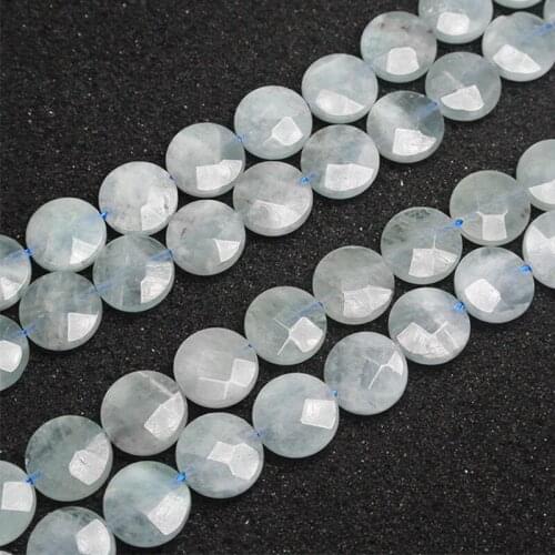 14mm Natural Blue Aquamarines Stone Beads Faceted Coin Button Spacer Loose DIY Beads For Jewelry Making Beads 15'' Women Gift