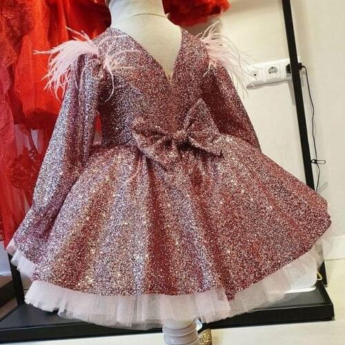 2021 Rose Gold Sequined Flower Girl Dresses Ball Gown Feather Long Sleeve Little Kids Birthday Pageant Wedding Gowns