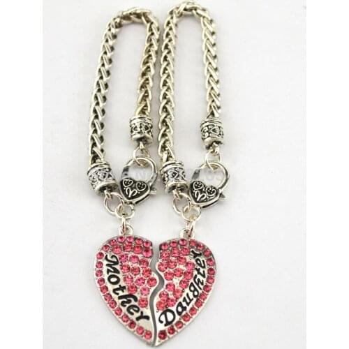 5set a lot rhodium plated Mother and Daughter with pink Crystal Heart Pendant Lobster Claw Bracelet