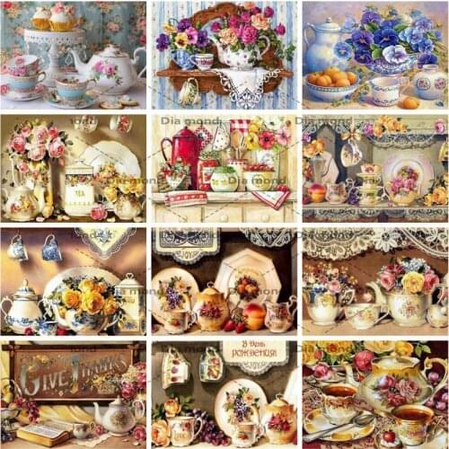 5D Diamond Embroidery Tableware Cup Full Square Diamond Painting Flower Vase Cross Stitch Mosaic Home Kitchen Wall Decor