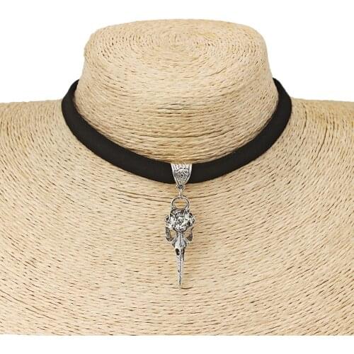Black 10mm Flat Faux Suede Cord Crow Raven Skull Bird Charm 13" Choker Necklace 38x13mm