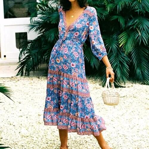 GypsyLady Blue Floral Print Midi Dress Summer Spring Women Holiday Boho Dress V-neck Sexy Rayon Ruffles Ladies Female Dress NEW