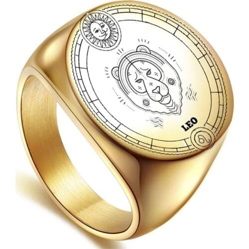 HNSP 316L Stainless Steel Round Zodiac Signet Ring For Men Women Gold Silver Color Finger Jewelry Male Female