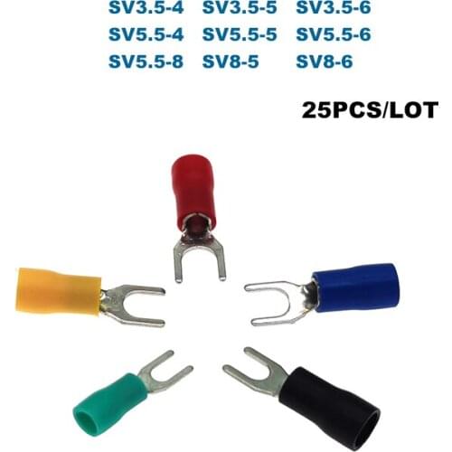 25Pcs Spade Insulated Crimp Terminals SV3.5~8 Electrical Lug Wire Connector Furcate Cable Ferrules 2.5-10mm2 14-8AWG