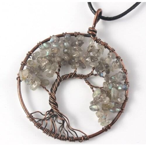 KFT Natural Stones Tree of Life Pendant Necklace Labradorite Stone Pendants Link Chain Necklace Jewelry