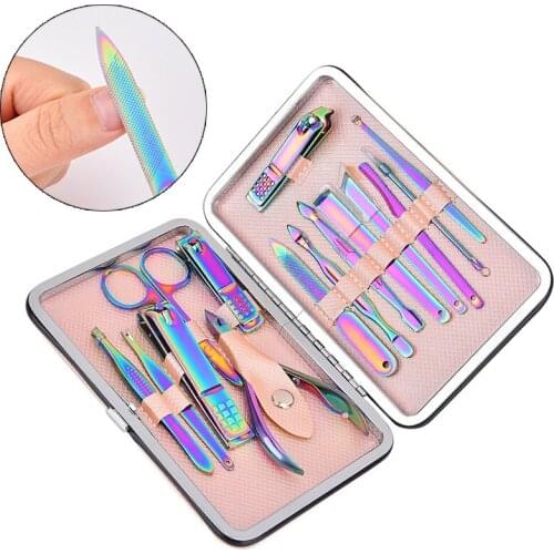 Newest Rainbow Chameleon Manicure Nail Kits Stainless Steel Clippers Cutter Pliers Sanding File Acne Needle Toenail Grooming Set