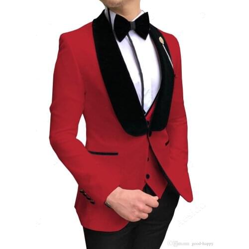 New Style Men Suits Red and Black Groom Tuxedos Shawl Velvet Lapel Groomsmen Wedding ( Jacket+Pants+Vest+Bow Tie ) D259