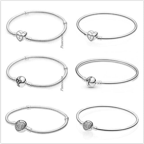 Original 925 Sterling Silver Bracelet Pave Heart With Crystal Circular Bangle Fit Bead Charm Diy Pandora Jewelry