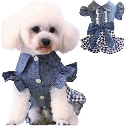 Pet Denim Tutu Dress Dog Puff Sleeve Bowknot Dress Dog Cat Spring Summer Cowboy Clothes for Small Medium Dog Cotumes