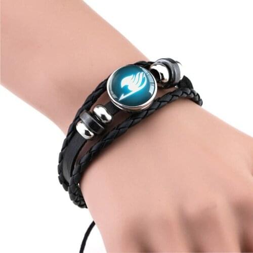 Cosplay Lover Gift Fairy Tail Guild Logo Bracelet Black Leather Punk Hand Band Anime Glass Cabochon Jewelry Men Bracelets