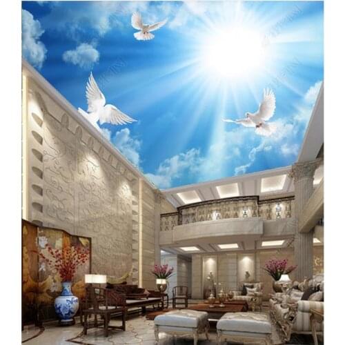 Custom photo wallpaper 3d ceiling wallpaper murals blue sky, white clouds, sun, ceiling zenith mural wall papers for living room