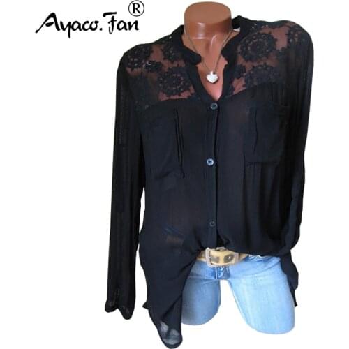 Plus Size 5XL Blusas Mujer De Moda 2019 Summer New Women Lace Patchwork Blouse Sexy Black Long Sleeve Shirt Tops Women Blouses