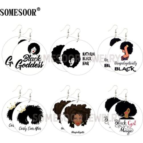 SOMESOOR Natural Black Hair Girl Magic Afro Printed Wooden Drop Earrings Goddess Wood Round Loops Dangle Jewelry For Women Gifts