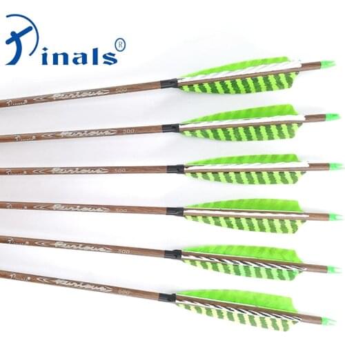 Pinals Archery Spine 400 500 600 Wood Skin Carbon Arrows Shaft Turkey Vanes Points Compound Recurve Bow Longbow Hunting 6PCS
