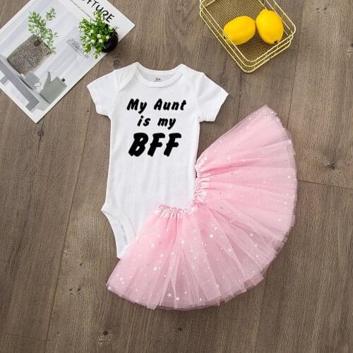 My Aunt Is My Bff Toddler Girls Fashion 2pcs 0-24M Funny Infant GirlShort Sleeve Romper Tops Tutu Skirt Outfit Suit