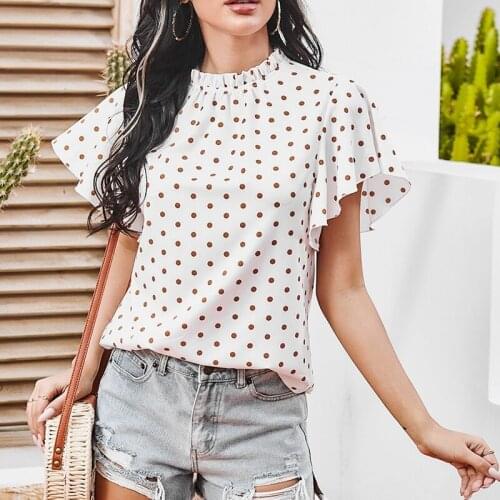 Uclio Womens Casual Polka Dot Lotus Leaf Stand Collar Flying Sleeve Top White