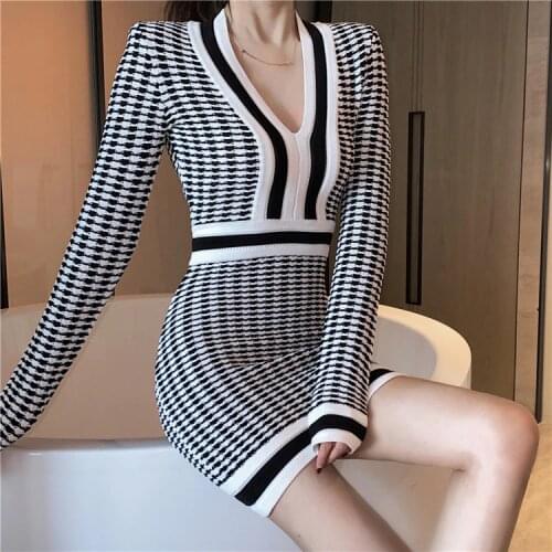 2020 Spring Knitted Dress Women Fashion Clothes Wear V-Neck plaid Sweater Dress Long Sleeve Casual Mini Dress