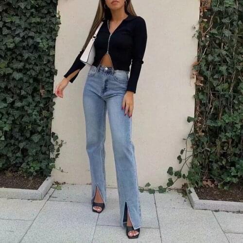 MosiMolly Vintage Blue Jeans Pants Women Split Floor Length Pants Women Denim Jeans Women Bottom Sprint New