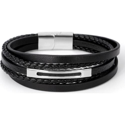 Vintage Multilayer Leather Bracelet Men Fashion Braided Handmade Rope Wrap Stainless Steel Bracelets & Bangles Male Gift