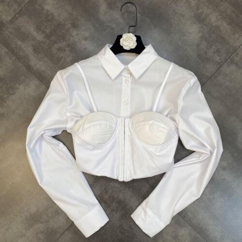 ZCSMLL 2021 Autumn Lapel Long Sleeves Three-dimensional Chest Pad Tops Buttons Waist Fake Two-piece Design Women Shirts