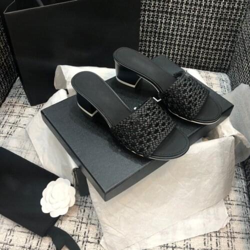 2021 Summer Women Slippers Hollow Upper High Heels Solid Ladies Slides Outside Genuine Leather Luxury Designer Chaussure Femme