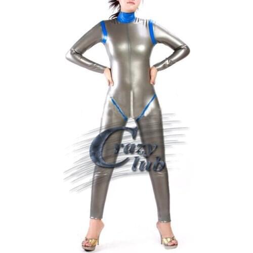 Crazy club_Sexy customize women Silvery sexy latex zentai catsuit with blue stripe fetish rubber costumes bodysuit Sale on line
