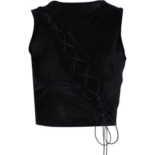 High Quality Fashion Women Casual Sexy Crop Tops Black Solid Color Round Collar Hollow Out Vest S/ M/ L