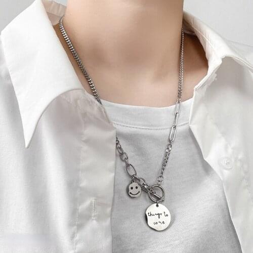 VSnow Fashion Stainless Steel Smile Face Circle Coin Pendant Necklace for Women Toggle Clasp Letter Asymmetry Necklace Jewellery